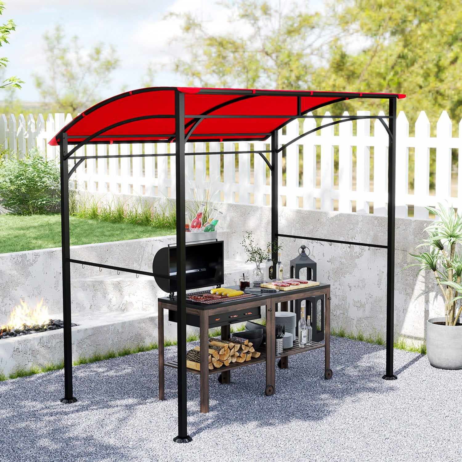 Outsunny 7' X 5' Bbq Grill Gazebo Tent With Steel Frame Hooks Wine