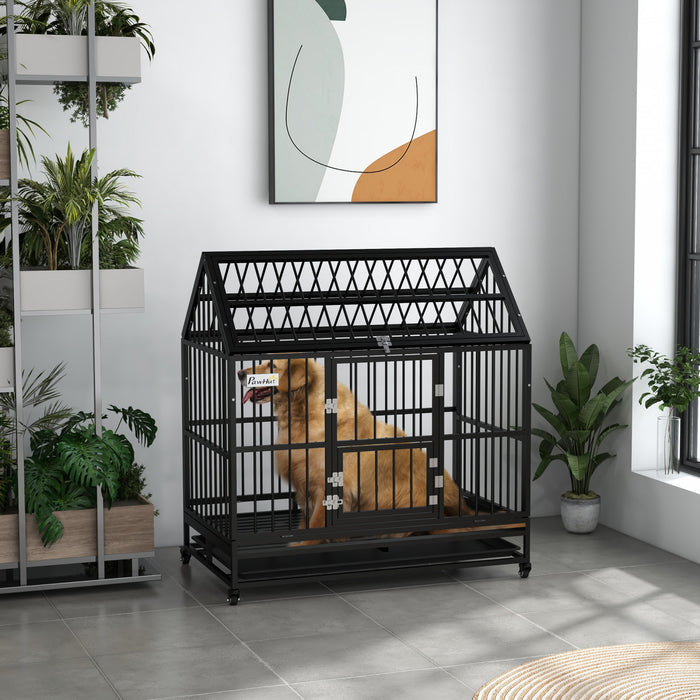 Pawhut 49\" Heavy Duty Dog Crate, Metal Dog Kennel Cage With Openable Roof, Removable Tray, Doors, Wheels For Large And Extra Large Dogs, Black