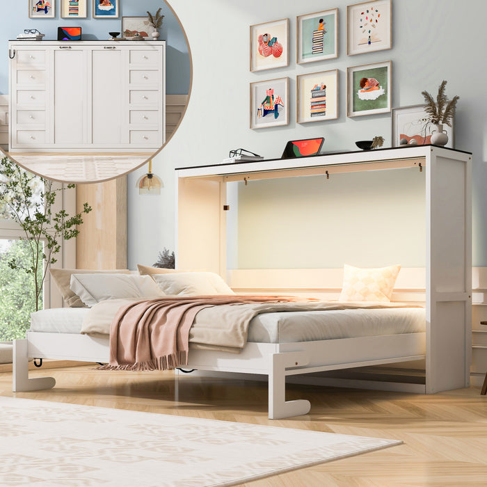Olivia Solid Wood Murphy Bed with LED Light and Foldable Cabinet,Queen Size,White Queen Bed