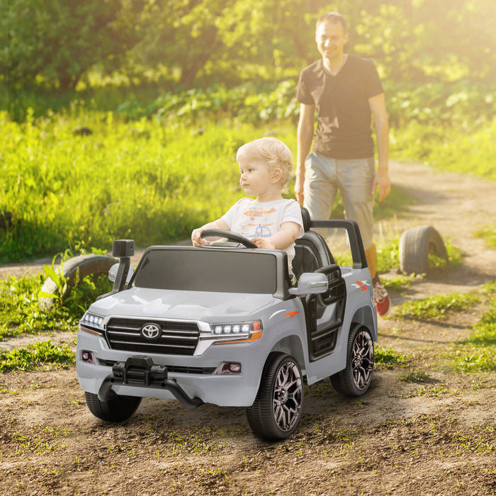 Qaba 12v Electric Powered Ride-On Car For Kids, Toyota Land Cruiser Licensed Kids Car With Parent Remote Control, Four Wheel Spring Suspension, Soft Start, Led Light, Music, Horn, Grey