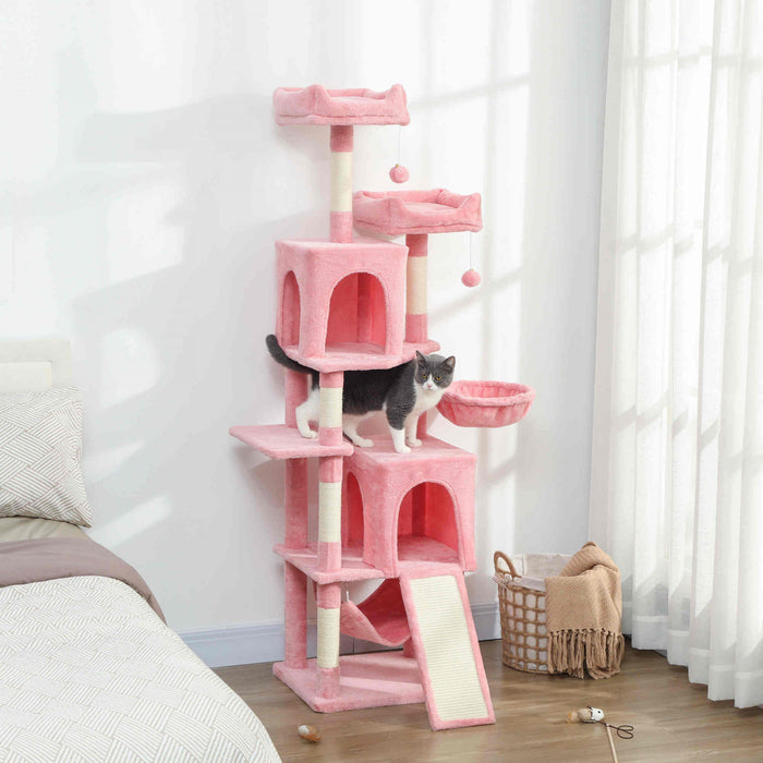 PawHut Cat Tree, 70\" Multi-Level Cat Tower for Indoor with 2 Condos, 2 Plush Top Perches, Hammock, Platforms, Toy Balls, Sisal Scratching Posts and Board, Pink