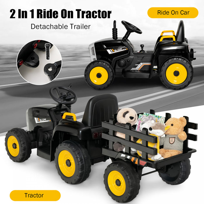 Costway 12v Kids Ride On Tractor With Trailer Ground Loader W/ Rc & Lights Dark Black