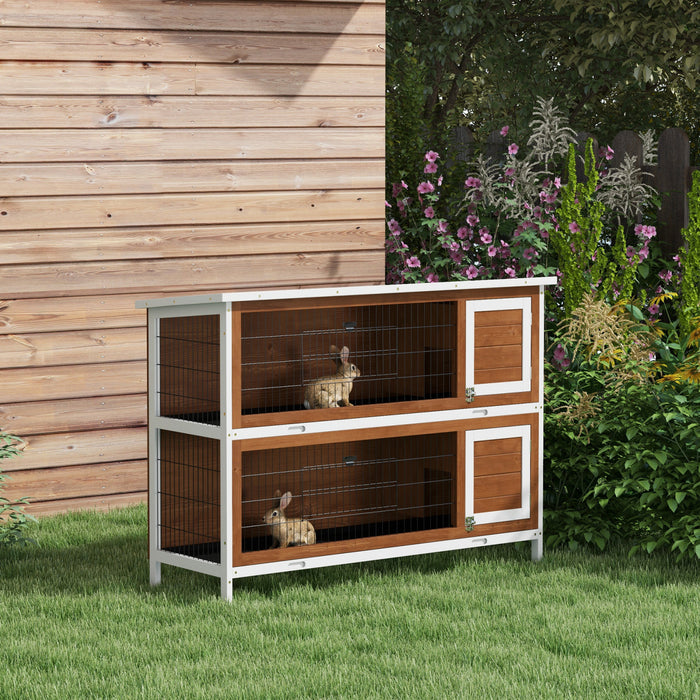 Pawhut 54\"l 2-story Large Rabbit Hutch Bunny Cage Wooden Pet House Small Animal Habitat With Lockable Doors, No Leak Tray And Waterproof Roof For Outdoor/indoor Brown