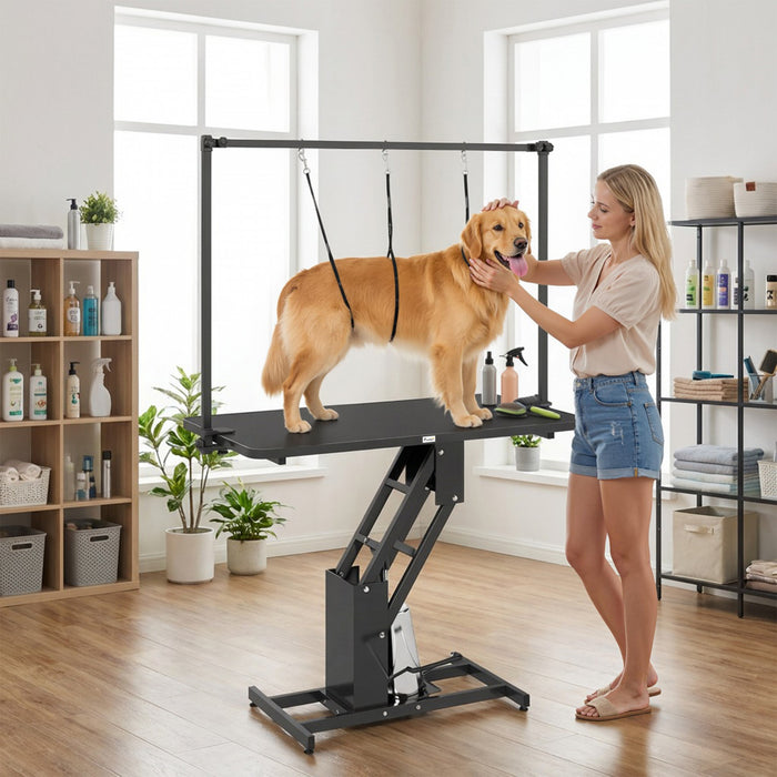 PawHut 43\" L Hydraulic Dog Grooming Table, Z-Lift Height Adjustable Pet Grooming Table with Noose and Non-Slip Tabletop for Medium Large Dogs, Black