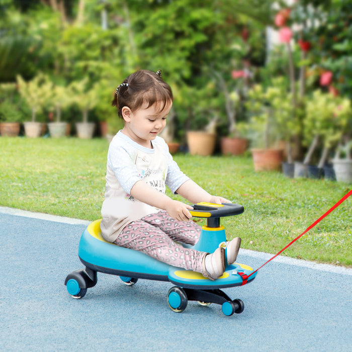 Qaba Wiggle Car For Toddlers 2-6 Years, Kids Swing Car W/ Parent Traction Rope, Music, Light, Ride On Car No Batteries, Gears Or Pedals, Twist, Turn, Wiggle Movement To Steer, Blue