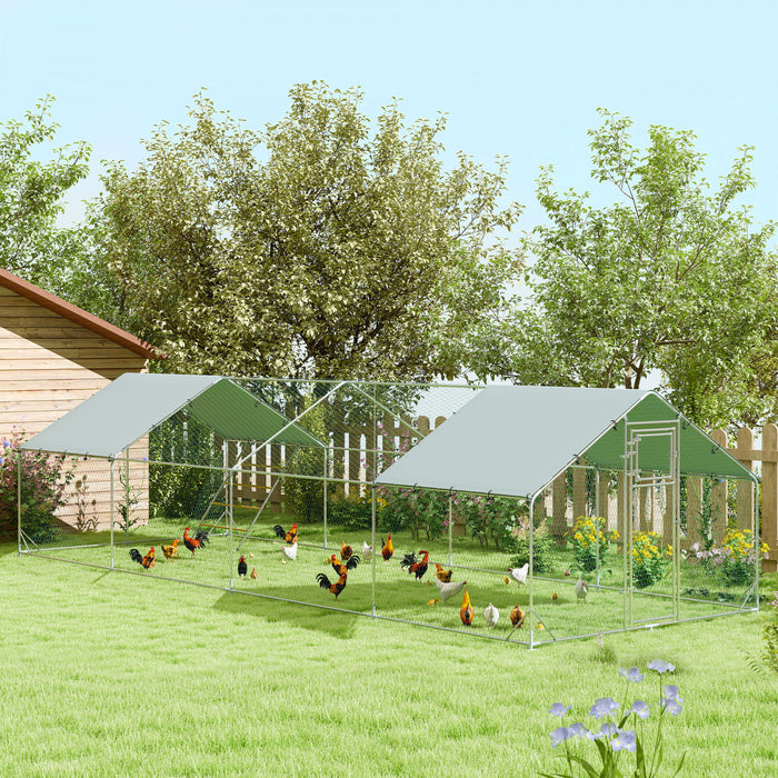 Pawhut Chicken Run, Large Metal Chicken Coop With Feeding Door, Waterproof & Uv-resistant Cover, Hanging Feeder, Perch, Poultry Cage For Outdoor, Backyard, Farm, For 24-30 Poultry