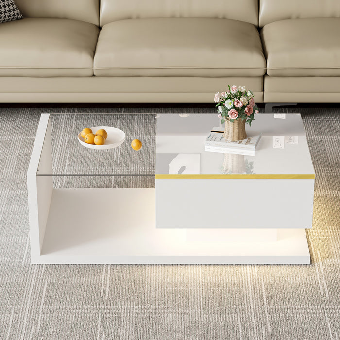Ethan High-Gloss 35.4\" Long Coffee Table with Glass and LED Effect,White