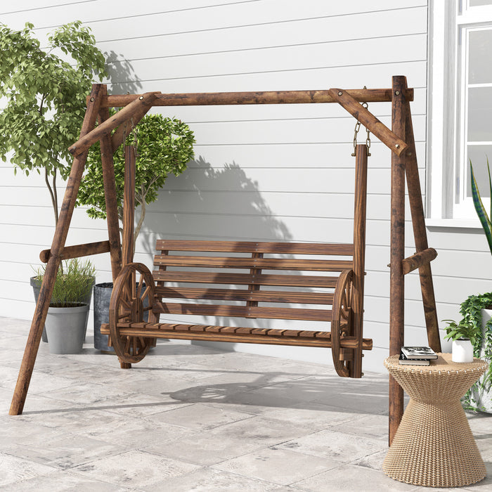 Outsunny 2-person Porch Swing W/ Stand Carbonized Wooden Patio Swing Chair