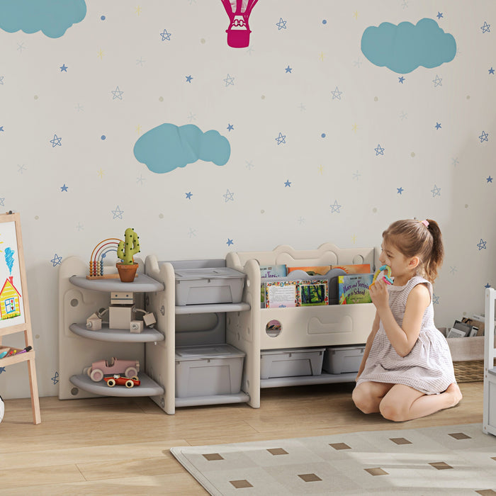 Qaba Toy Storage Organizer With 4 Storage Boxes, Bookshelves, Storage Racks, Toy Organizer For Nursery, Kids Room, Playroom, Cream White
