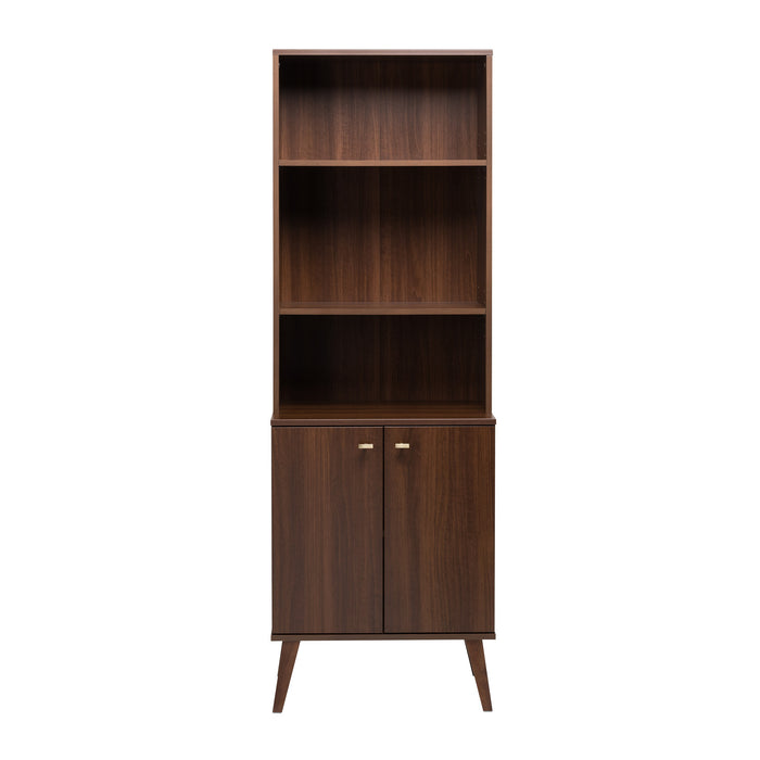 Milo Mid-Century Modern Tall Bookcase with Adjustable Shelves, 2 Doors & Brushed Brass-Finished Knobs - Cherry