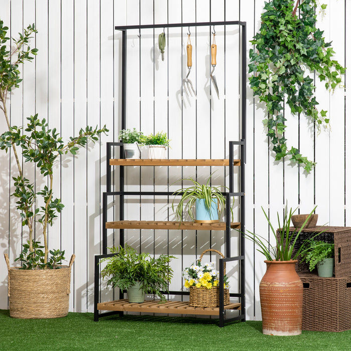 Outsunny 3 Tiered Plant Stand With Hanging Hooks And Metal Frame, Tall Plant Shelf Flower Pot Holder For Indoor Outdoor Porch Balcony Living Room Bedroom