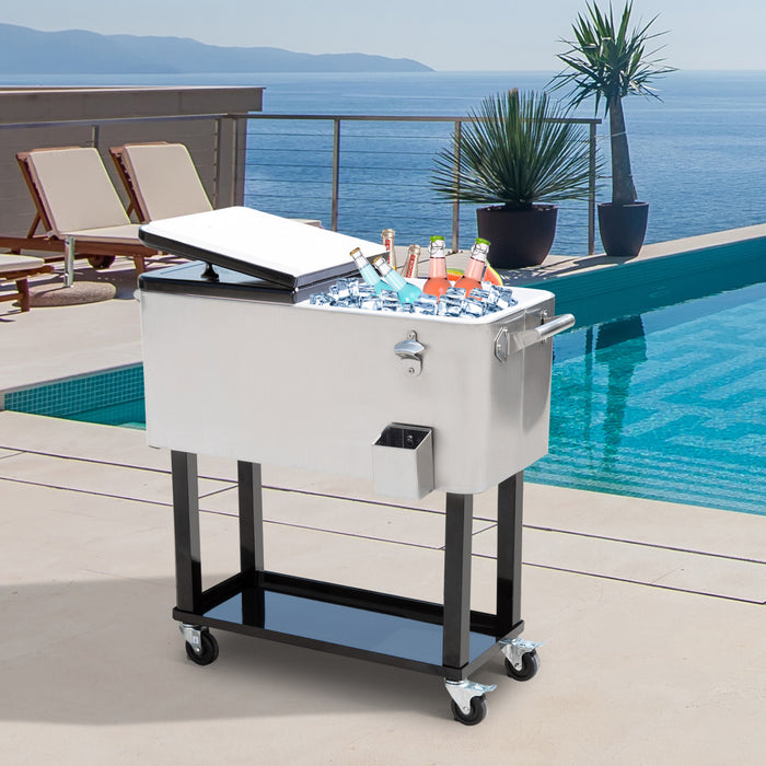 Outsunny 80 Quart Rolling Cooler Cart Ice Beer Beverage Cooling Bin, Silver