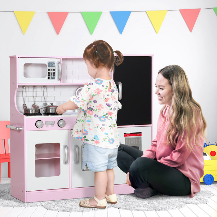 Qaba Play Kitchen For Kids, Kids Kitchen Playset, Pretend Play Kitchen Set With Chalkboard, Ice Maker, Play Phone, Sink, Microwave, 5 Accessories, For Toddlers Ages 3-8 Years
