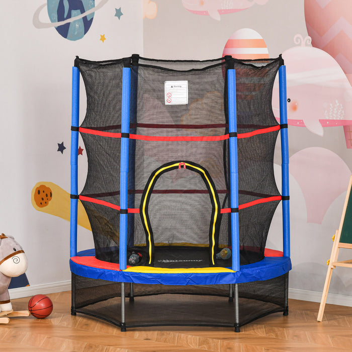 Outsunny Φ55\" Kids Trampoline With Enclosure Net Steel Frame Indoor Round Bouncer Rebounder Age 3 To 6 Years Old Multi-coloured
