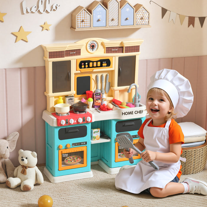 Qaba Kids Kitchen Playset for Toddler, Play Kitchen Set with Real Lights and Sounds, Sink, Stove, Clock, Cookware Accessories, Play Food Set for Aged 3-6 Years Old, Green