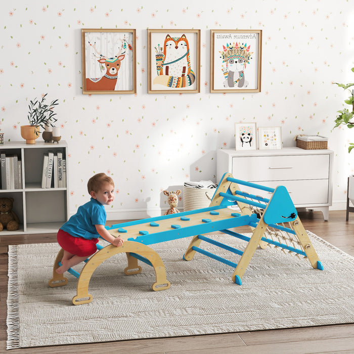 Qaba 8-in-1 Pikler Triangle Set, Foldable Wooden Climbing Toys with Arch, Ramp and Ladder, Montessori Indoor Playground Jungle Gyms for Toddlers Ages 18-48 Mouths, Blue
