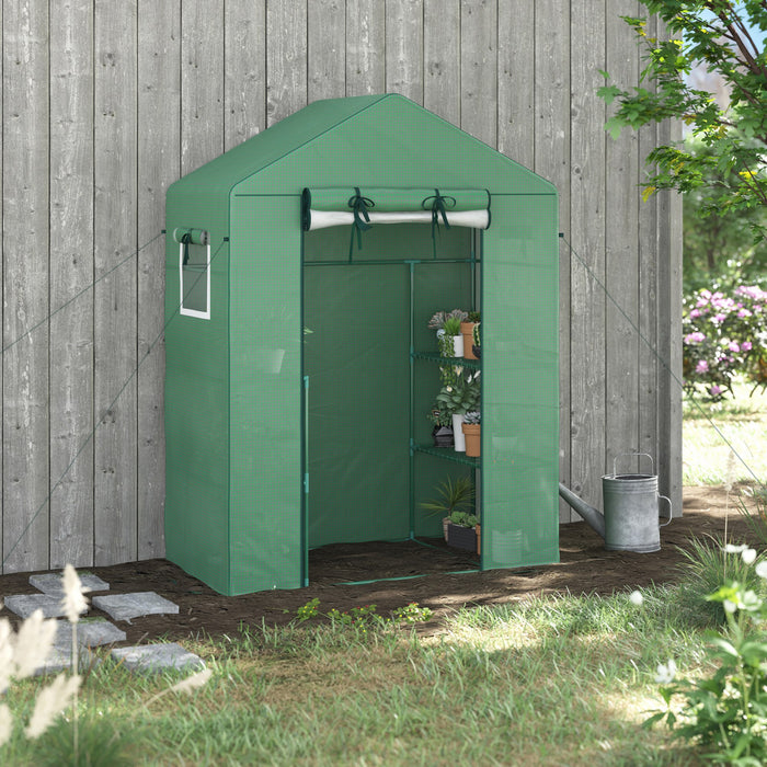 Outsunny Walk-in Mini Greenhouse With Mesh Door & Windows, Portable Garden Green House With 3 Tier Shelves, Water & Uv Resistant Pe Cover, Green