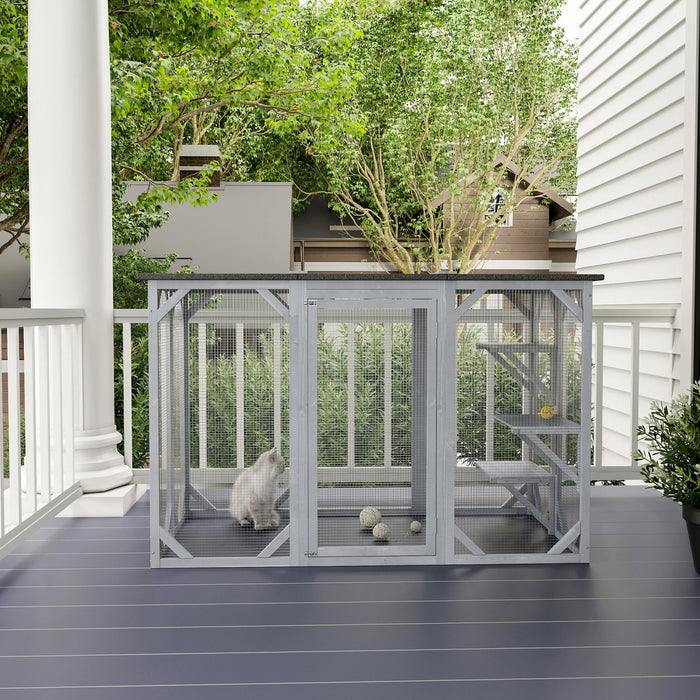 Pawhut Cat Cage Indoor Catio Outdoor Cat Enclosure Pet House Small Animal Hutch For Rabbit, Kitten, Crate Kennel With Waterproof Roof, Multi-level Platforms, Lock, Grey