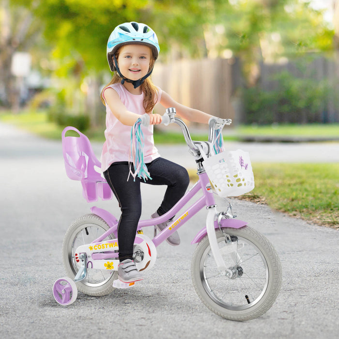 Costway 14 Inch Kids Bike With Training Wheels Doll Seat Basket Streamers Hand Brake Purple