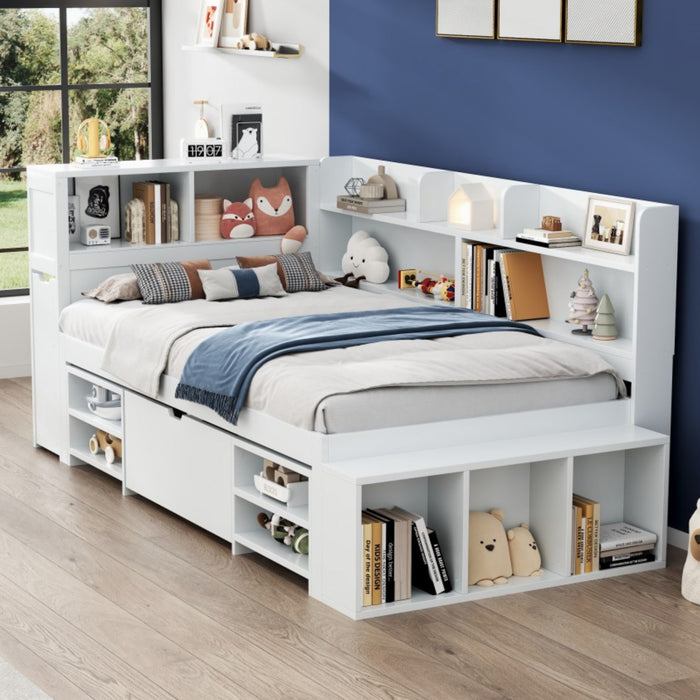 Ethan Multifunctional Daybed with Integrated Storage with Drawers and Bookcase,Twin Size,White Twin Bed