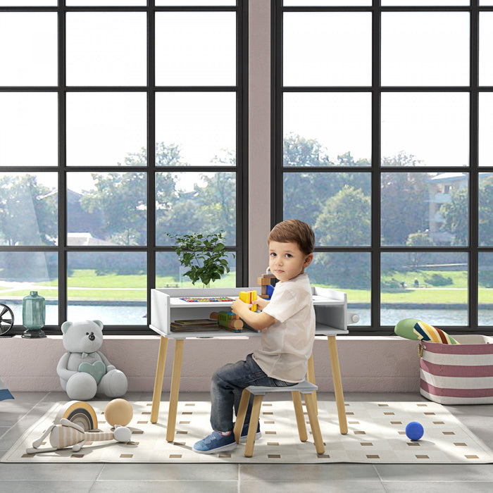 Qaba Kids Table And Chair Set, 3 In 1 Toddler Activity Table With Building Blocks Board, Paper Roll, Storage, For Playing, Drawing, Reading, Art, Craft, For Nursery, Playroom, Blue