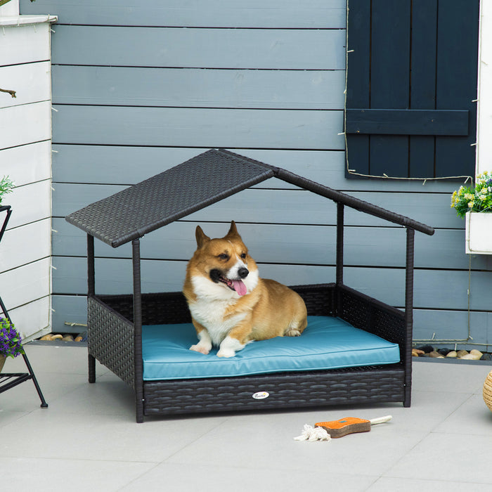 Pawhut Elevated Rattan Dog Bed Pet Home Indoor Outdoor Wicker Dog Cot Dog House Pet Furniture Sofa Bed With Padded Cushion And Roof Shelter Blue