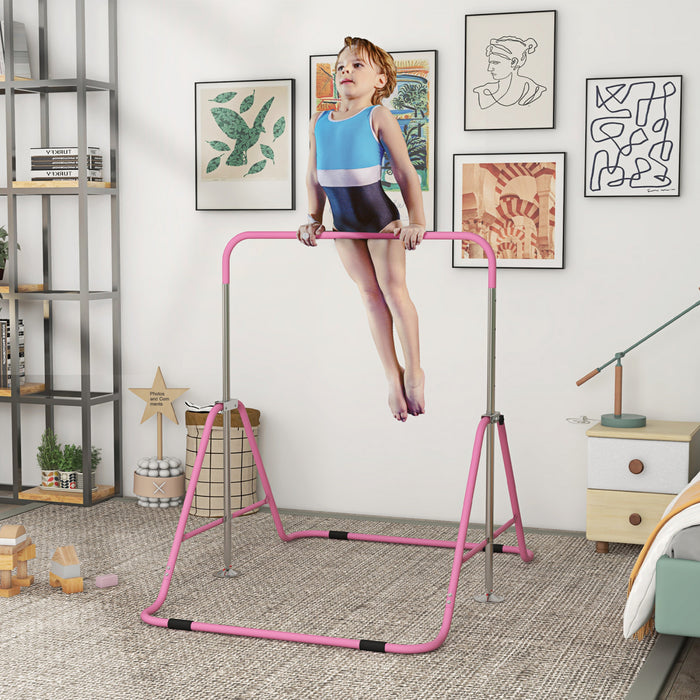 Qaba Gymnastics Bar For Kids, Foldable Gymnastics Equipment With Adjustable Height, Expandable Horizontal Kip Bar For Home Training, Pink