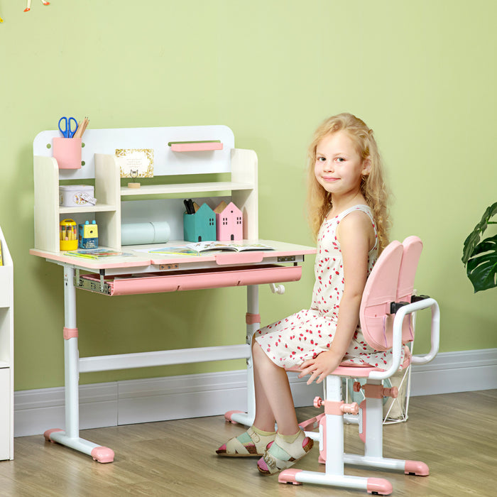 Qaba Kids Desk And Chair Set, Height Adjustable Student Writing Desk & Chair With Adaptive Seat Back, Footrests, Bookshelf, Drawer, Pen Holder, Pink