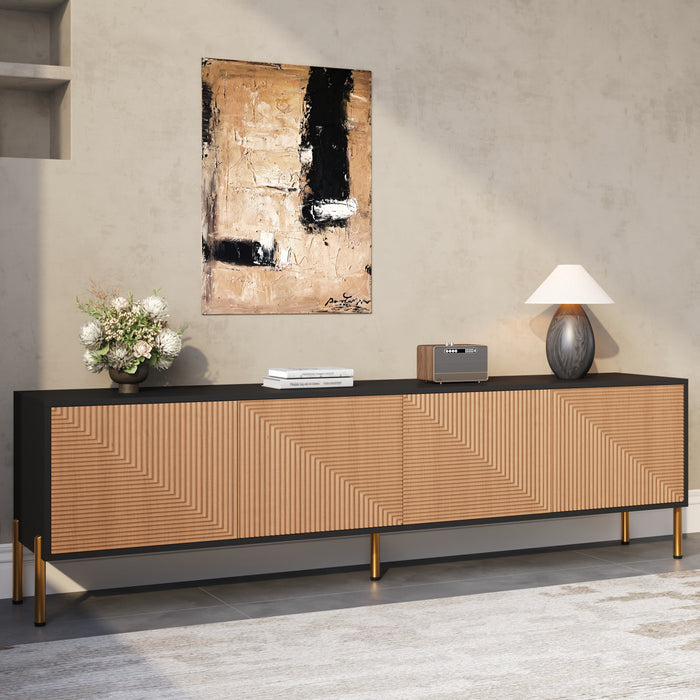 Arcadia 70.5 Inch Modern TV Cabinet with Textured Doors and Gold Legs, Black/Wood
