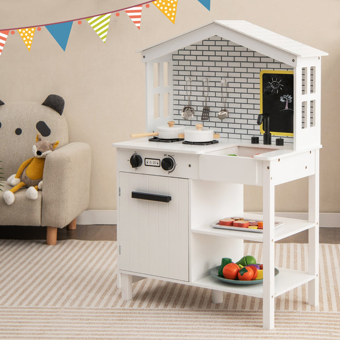 Costway Kids Farmhouse Kitchen Play Set Wooden Pretend Toy With Storage & Accessories