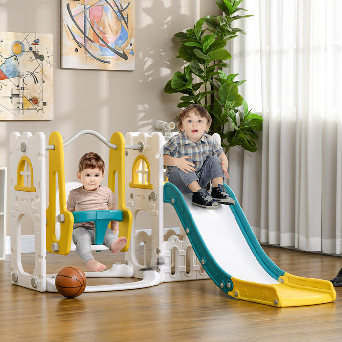 Qaba 6-in-1 Slide And Swing Set With Basketball Hoop, Climber, Baby Swing Set Indoor Playground With Storage Space, Telescope, For Aged 1-3 Years Old, Yellow