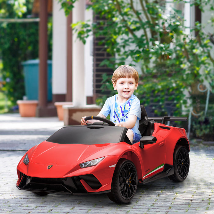 Qaba 12v Electric Powered Ride-On Car For Kids, Lamborghini Huracan Licensed Kids Car With Remote Control, Spring Suspension, Transport Wheels, Soft Start, Led Light, Music, For 3-6 Years, Red