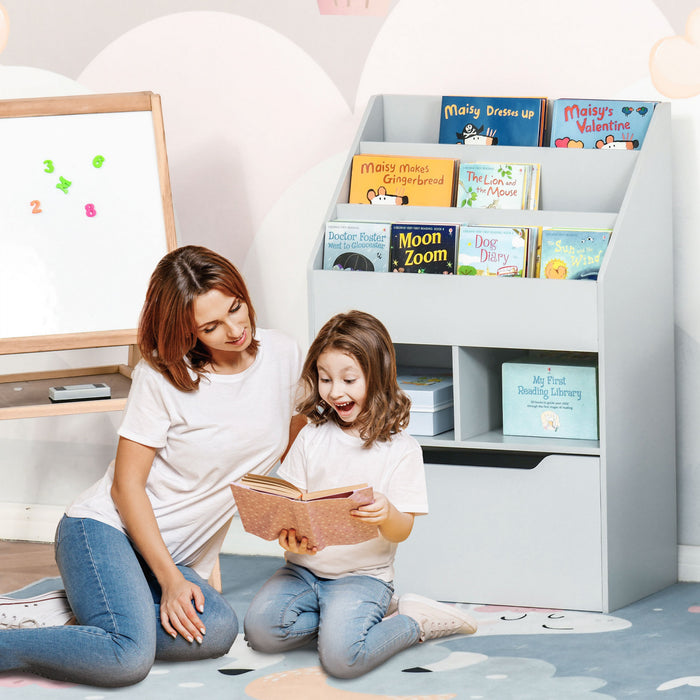 Homcom Kids Bookcase Multi-shelf Rack Organizer With Storage Drawer For Books For Reading Nook, Classroom, Bedroom, Playroom, Grey