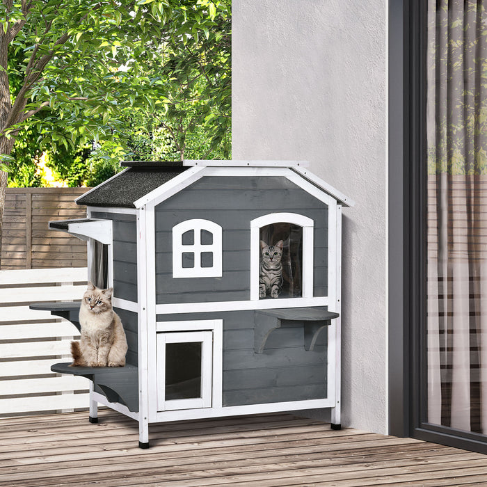 Pawhut Wood Outdoor Cat House 2-stories Catio For Cats With Indoor Lounge Space, Fun Entrances, Grey