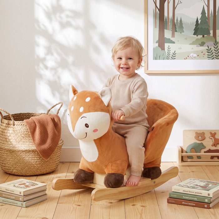 Qaba Rocking Horse for Toddlers 1-3 Years, Deer Baby Rocking Horse with Seat Belt, Stuffed Plush Ride-On Animal with Sounds, Wooden Rocker for Birthday or Christmas Gift, Brown