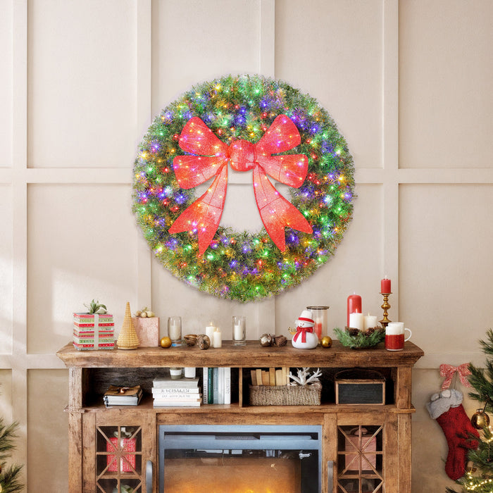 HOMCOM 36in Pre-Lit Christmas Wreath for Front Door with 3D Red Bow