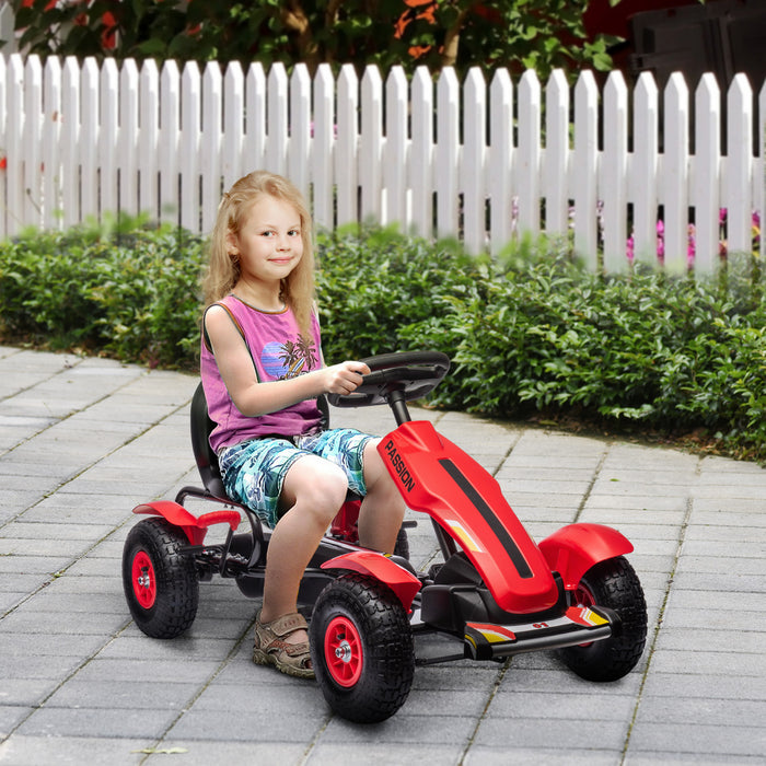 Aosom Pedal Go Kart For Kids, Pedal Car With Adjustable Bucket, Handbrake, 4 Rubber Wheels Powered Ride, Indoor Foot Racer, Aged 5-12 Years Old, Red