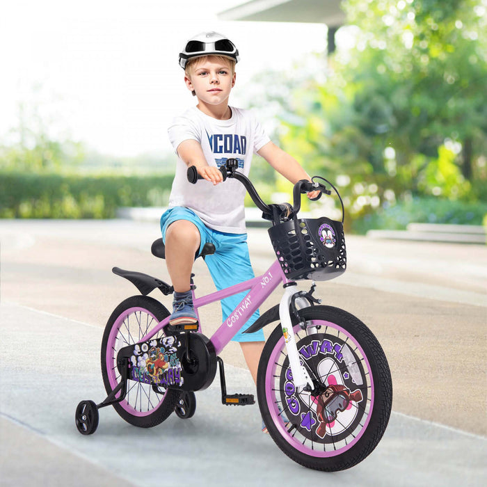 Costway 18\" Kid's Bike For 4-8 With Height-adjustable Handlebar & Saddle Handbrake Purple