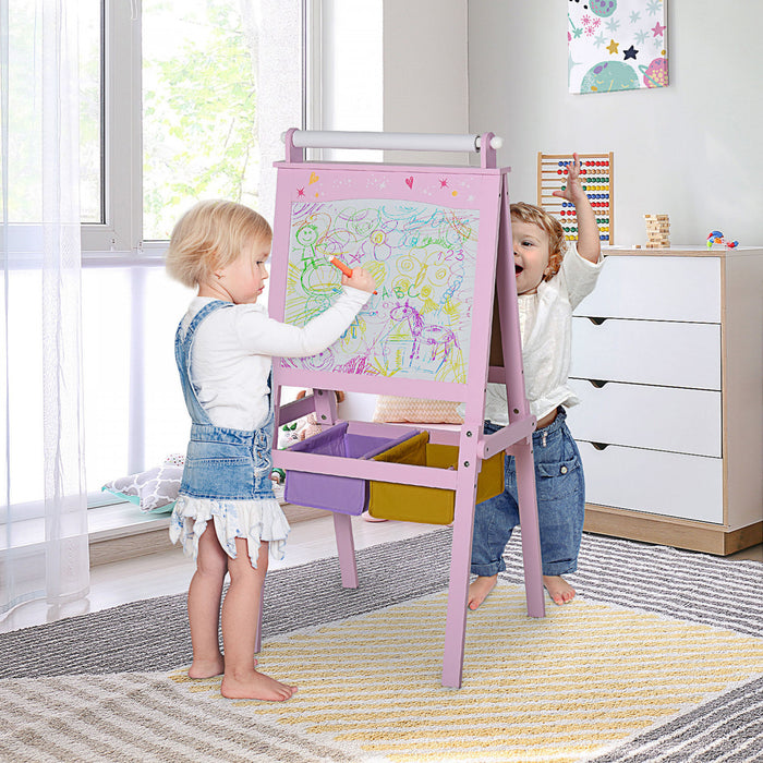 Qaba 3 In 1 Kids Wooden Art Easel With Paper Roll Double-sided Chalkboard & Whiteboard Gift For Toddler Girl Age 3 Years+ Pink