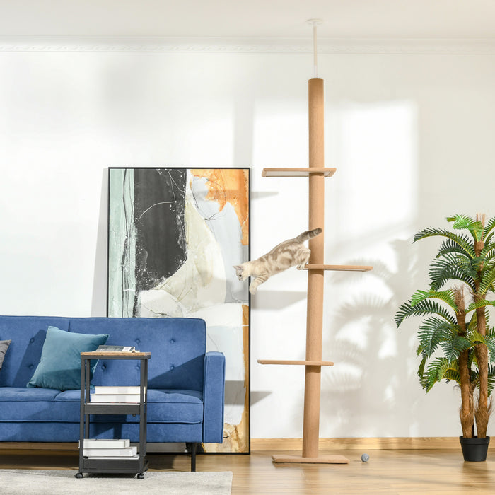 Pawhut 90\"- 102\" Floor To Ceiling Cat Tree, 3 Tier Cat Tower Tall Cat Tree Pet Activity Center For Indoor Use, Light Brown