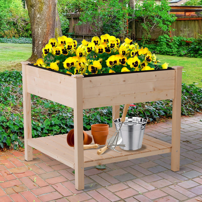 Outsunny Wooden Raised Garden Bed With Liner And Drainage Holes, Outdoor Elevated Planter Box With Legs And Storage Shelf, Garden Plant Stand Box