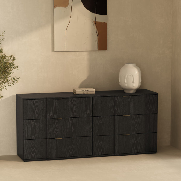 Clive Mid-Century Modern 72\" Dresser in Black and Gold (6-Drawer)