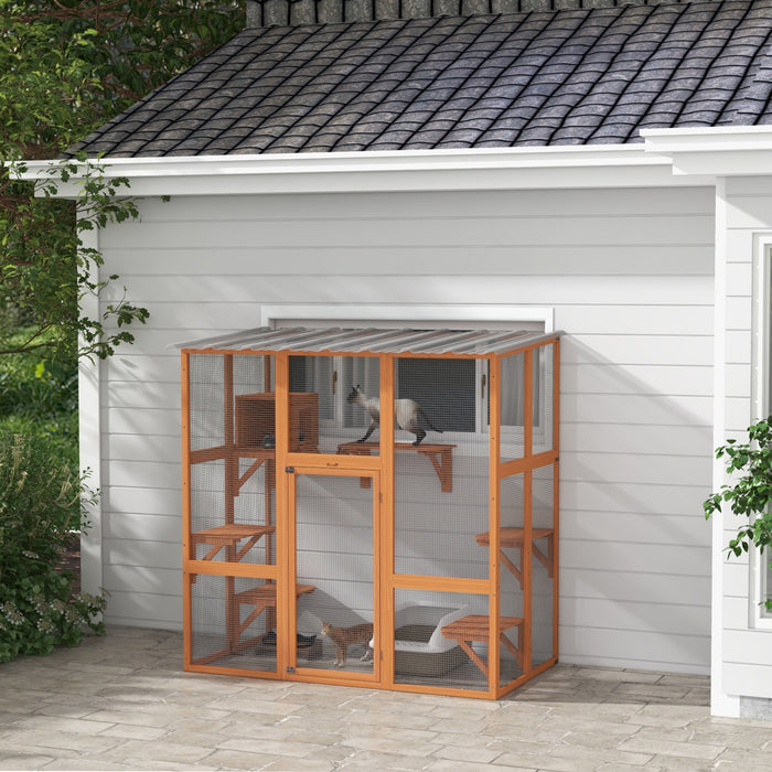 Pawhut Catio Outdoor Cat Enclosure, Wooden Outdoor Cat House Window Box With Weatherproof Roof, Bridge, Resting Box, Platforms, Cat Cage For 2 Kittens, Orange