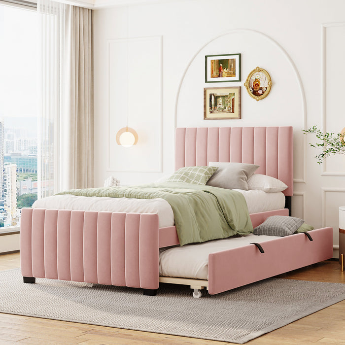 Ethan Space-Saving Velvet Upholstered Platform Bed with Trundle,Twin Size,Pink Twin Bed
