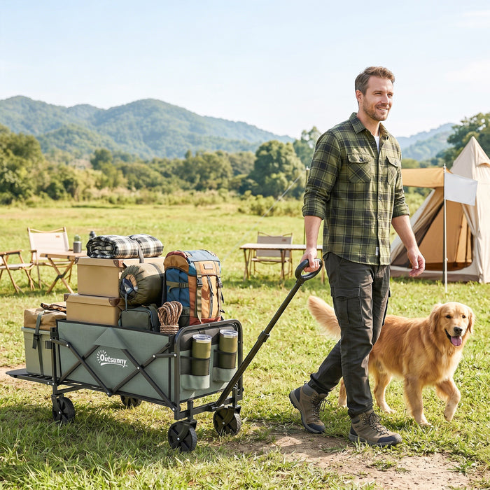 Outsunny Wagon Cart Foldable, Collapsible Wagon Cart with Removable Liner, Handle, Wheels, Steering Axle for Home & Garden, 72L & 198 LBS Capacity, Green