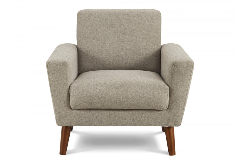 Upholstered Accent Chair, 34\" Wide, Light Brown Fabric, Walnut Wood Legs, Mid-Century Accent Chair