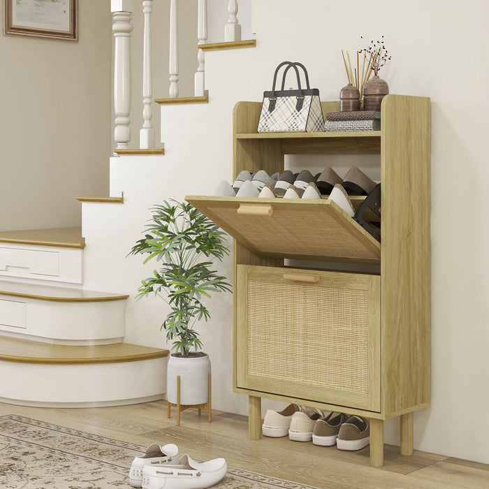 HOMCOM Narrow Shoe Cabinet with 2 Rattan Flip Drawers for 12 Pairs