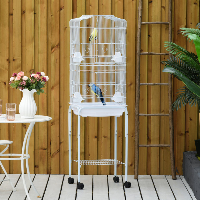 Pawhut 62\" Bird Cage Budgie Cage With Wheels, Detachable Stand, Storage, White