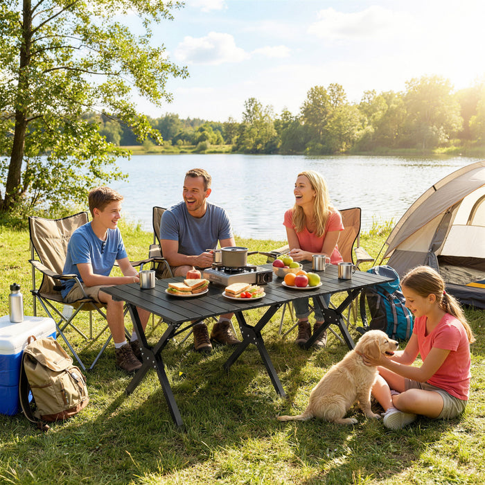 Outsunny 4ft Picnic Table with Roll Up Top and Metal Frame Black