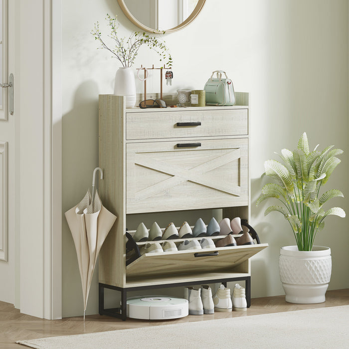 HOMCOM Narrow Shoe Cabinet with 2 Flip Doors and Top Drawer, White